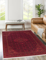 Bukhara Collection Bh07 Red Afghan style rugs Classic oriental rug boho chic area rugs woven with fringes